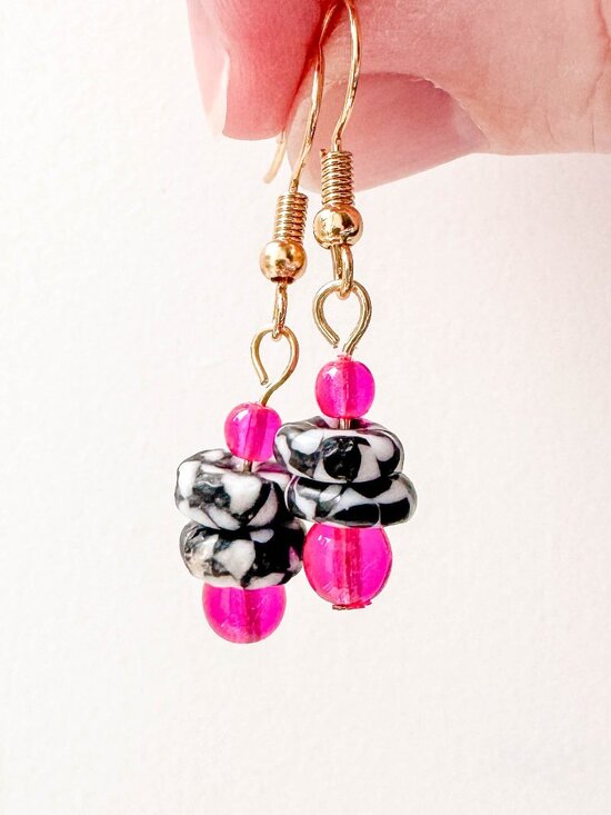Handmade Jewelry - Recycled Glass Hoop Earrings Pink Black White Stainless Steel Beaded